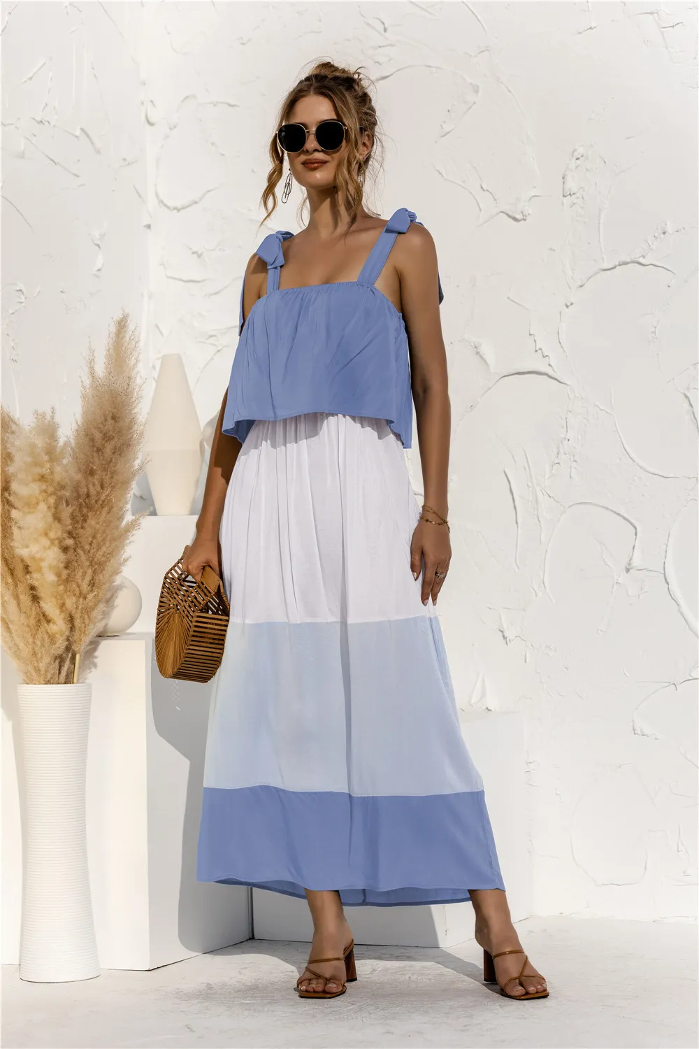 Color Block Tie Shoulder Tiered Sleeveless Dress, image 5