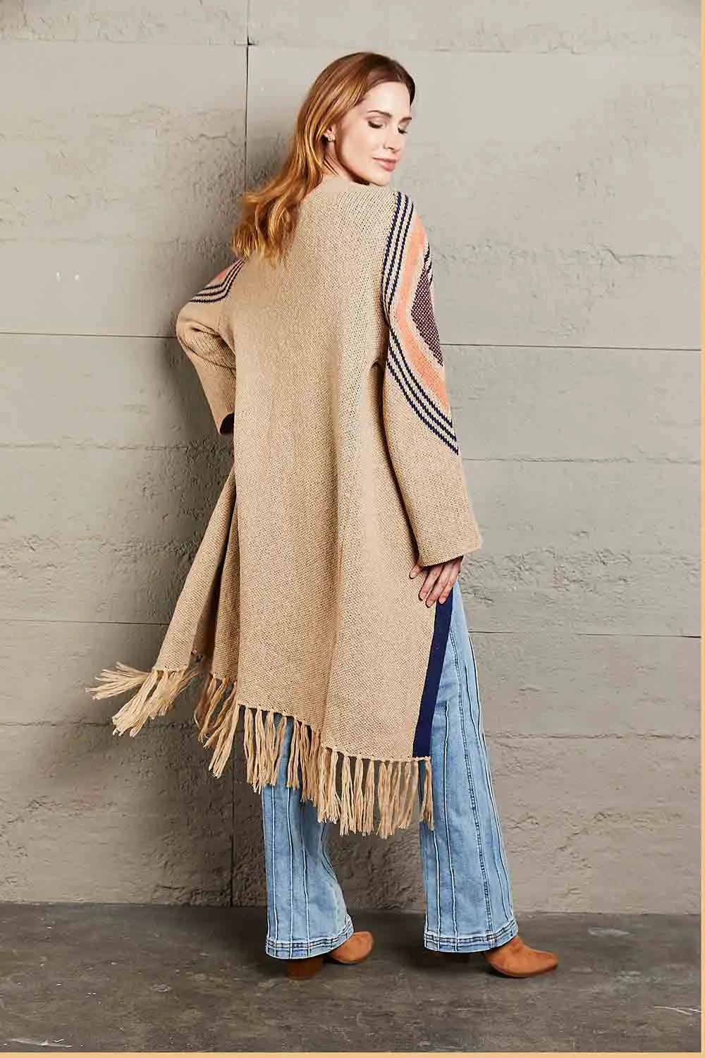 Geometric Fringe Hem Open Front Duster Cardigan, image 3
