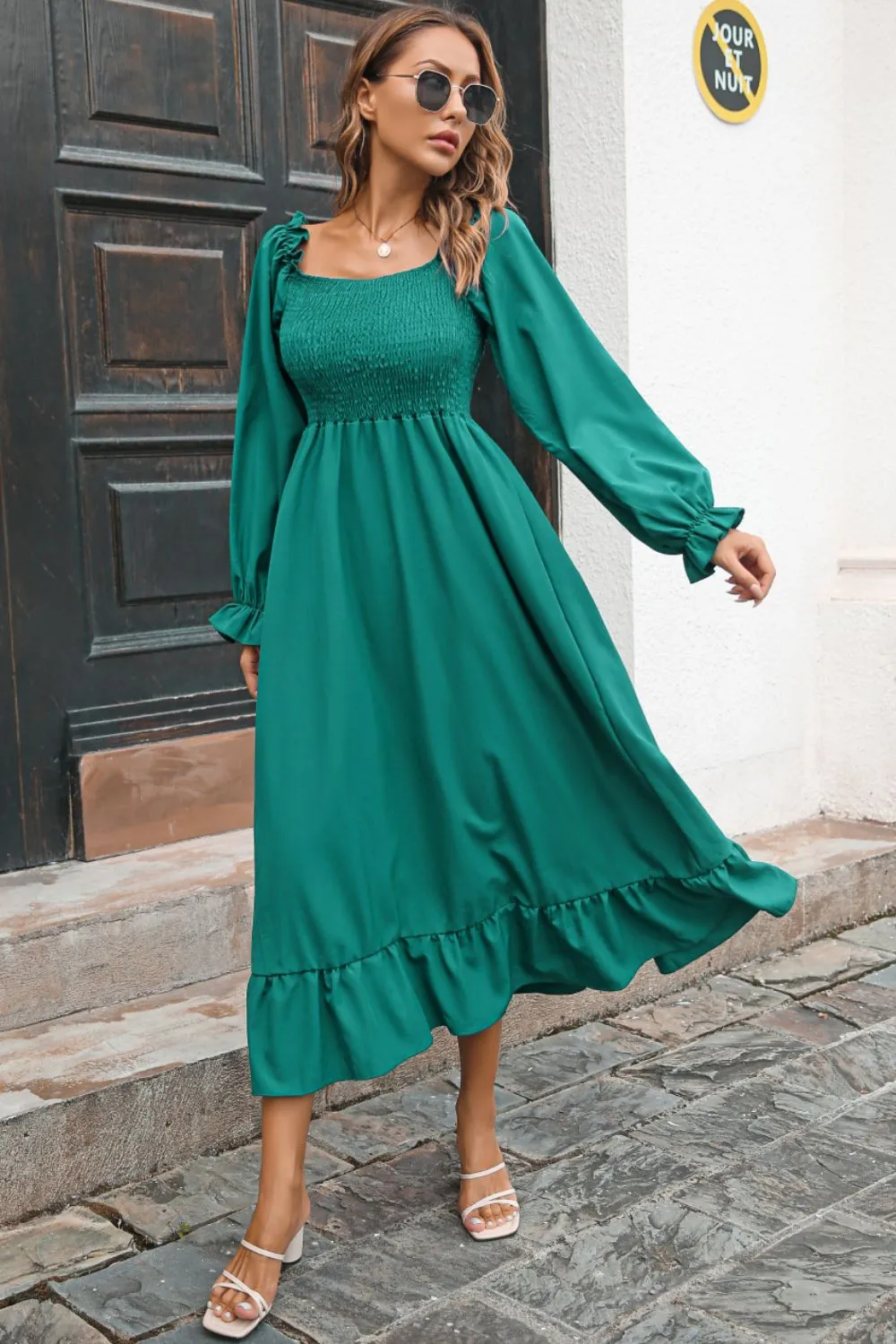 Smocked Ruffle Hem Flounce Sleeve Dress, image 14