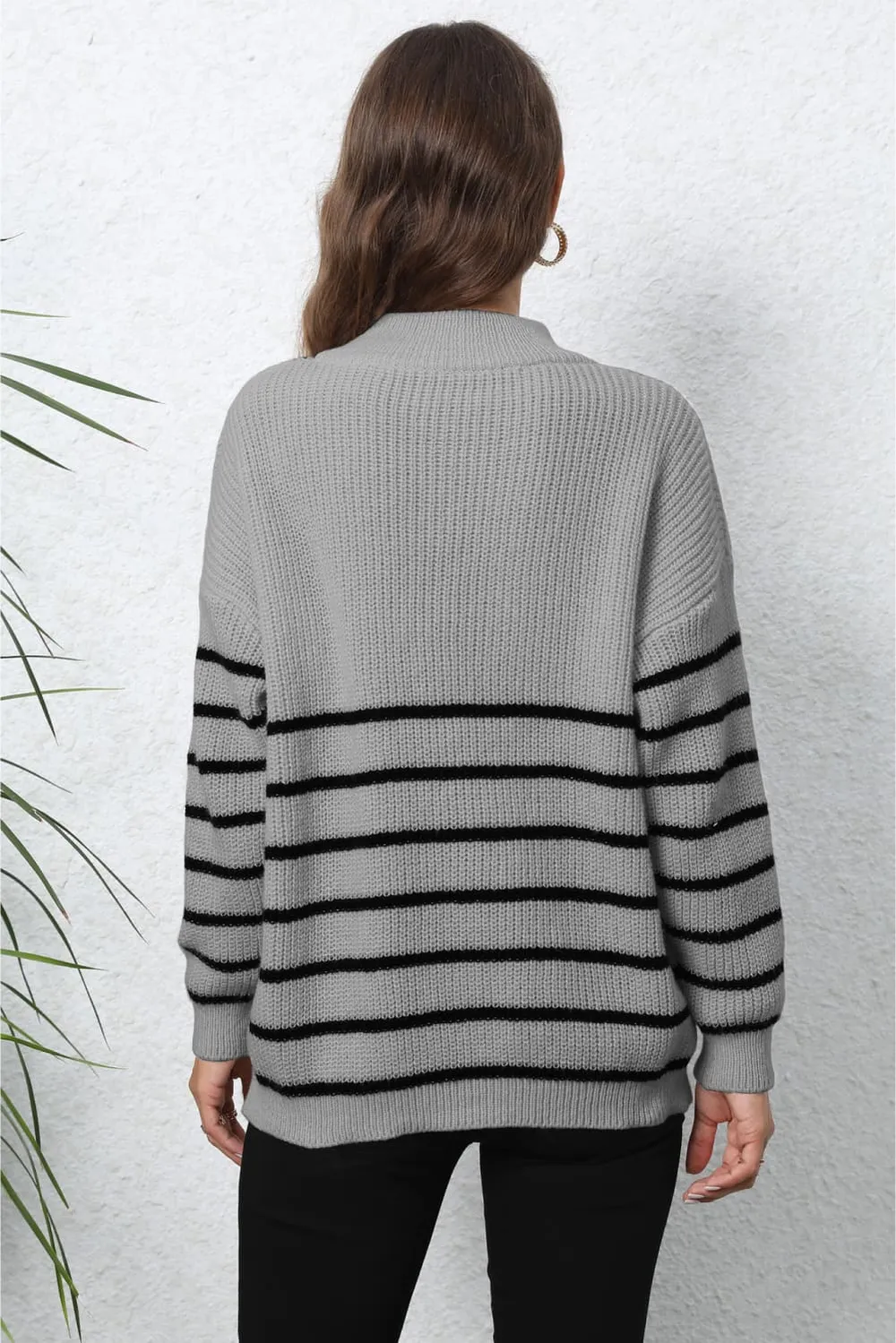 Striped Zip-Up Long Sleeve Ribbed Sweater, image 9