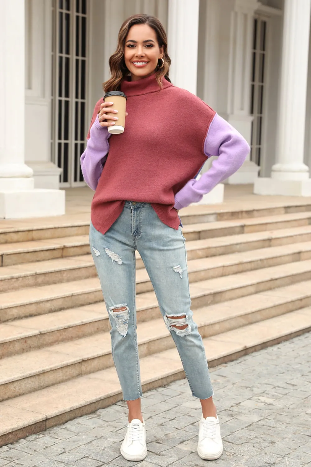 Color Block Turtleneck Slit Sweater, image 16