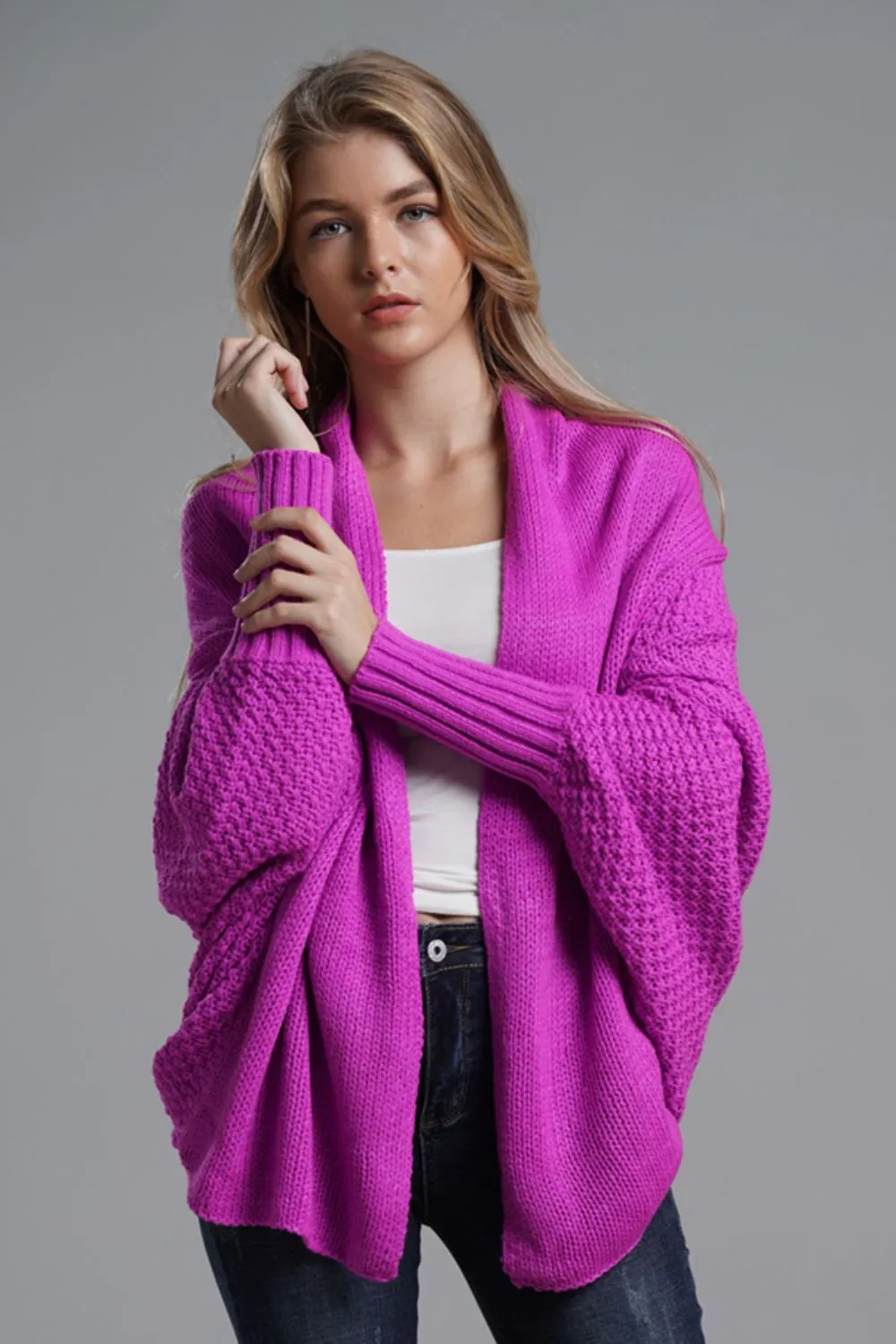 Dolman Sleeve Open Front Ribbed Trim Longline Cardigan, image 6