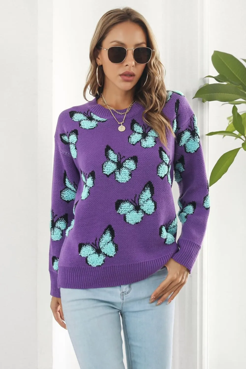 Butterfly Pattern Round Neck Dropped Shoulder Sweater, image 7