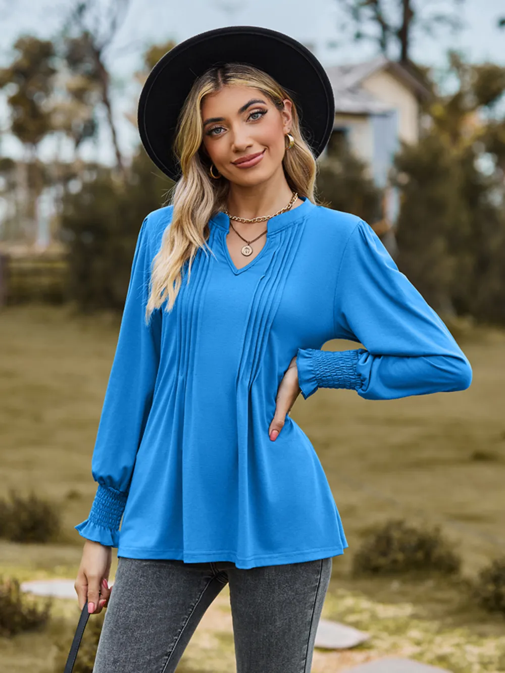 Notched Neck Flounce Sleeve Blouse, image 8