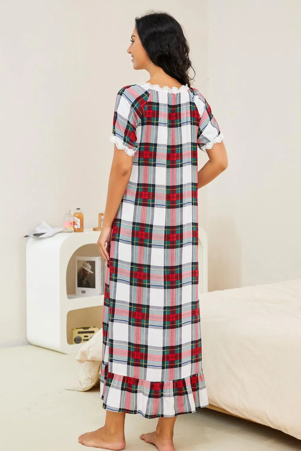 Plaid Lace Trim Ruffle Hem Night Dress, image 2
