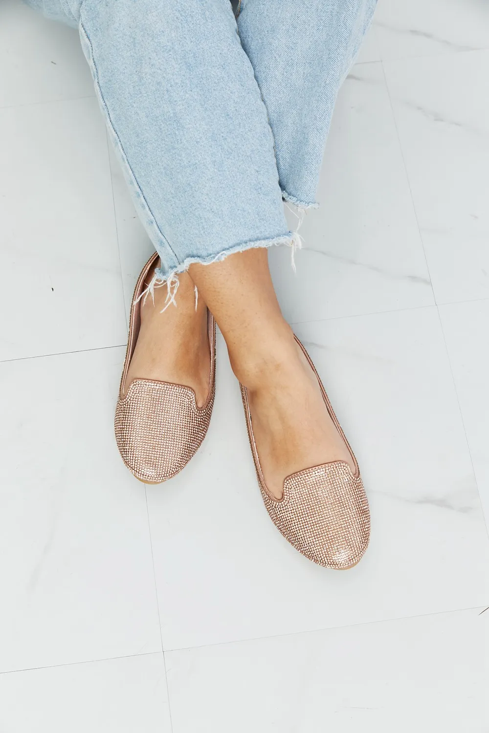 Rhinestone Round Toe Flats in Rose Gold, image 3