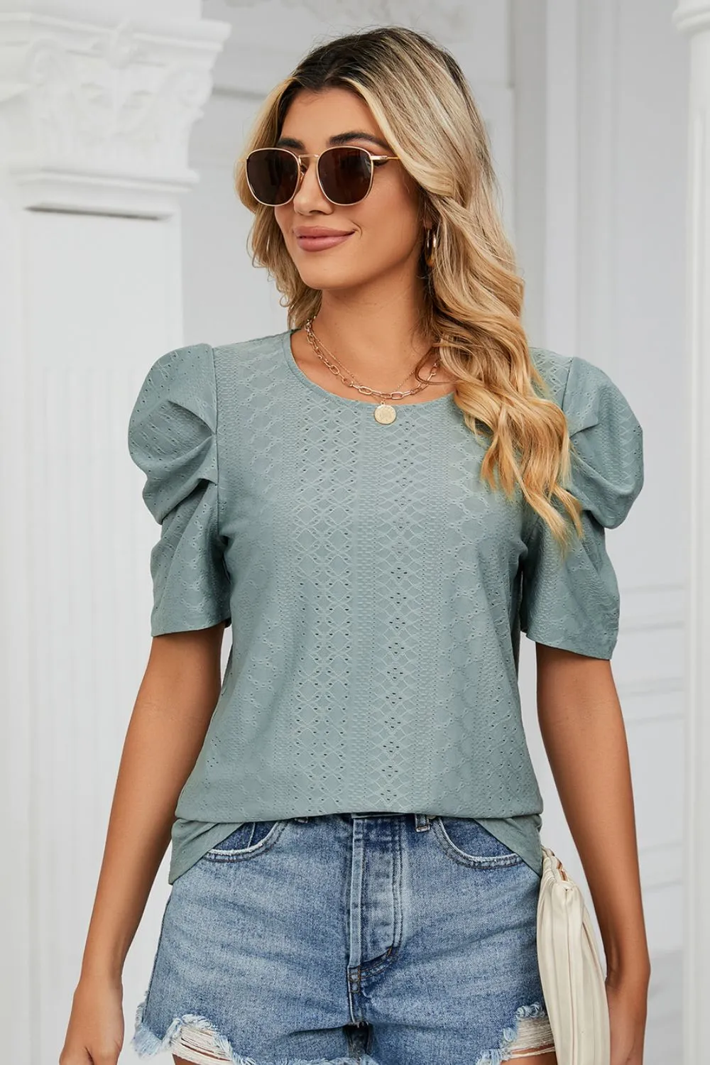 Eyelet Puff Sleeve Round Neck Blouse, image 9
