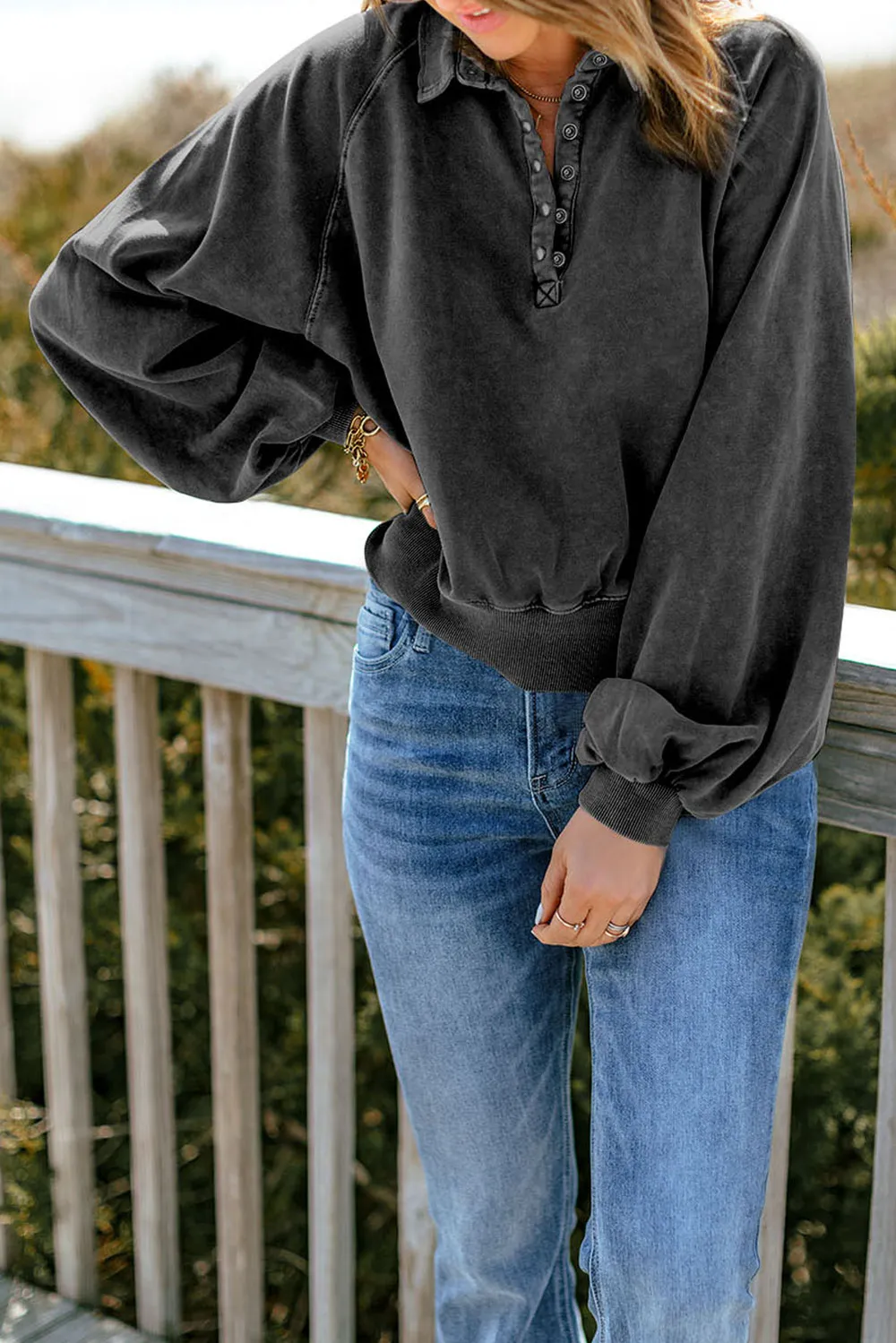 Quarter-Snap Collared Lantern Sleeve Sweatshirt, image 12