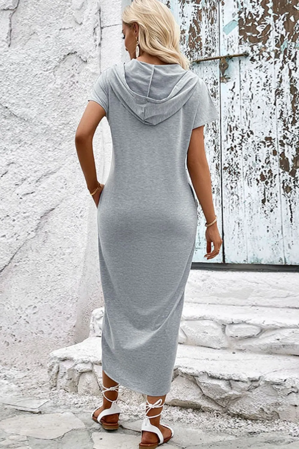 Short Sleeve Front Slit Hooded Dress, image 4