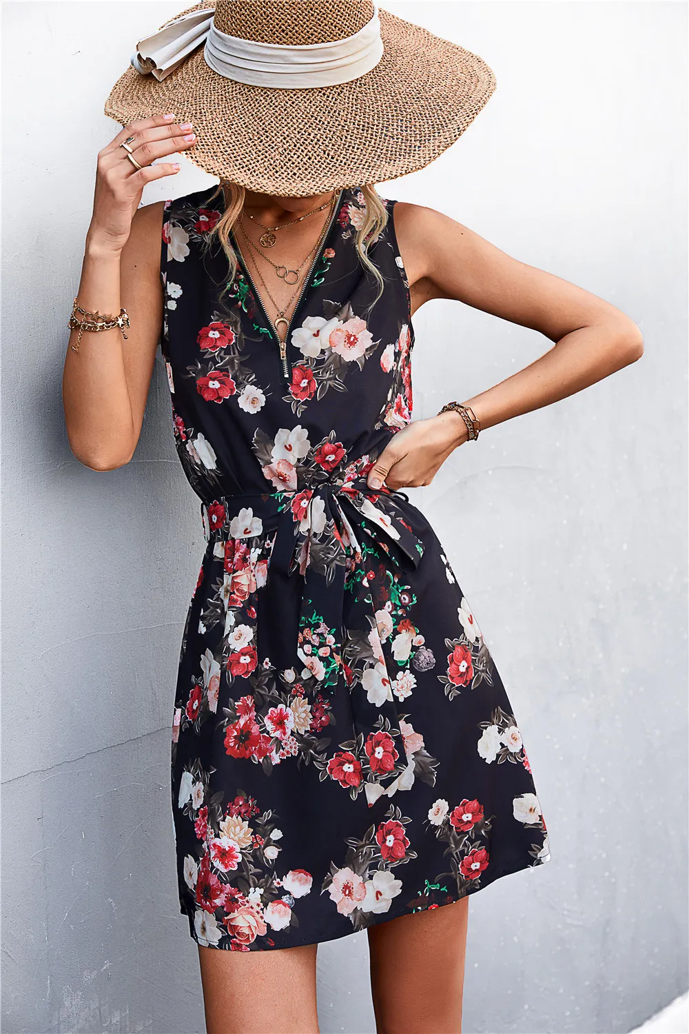 Printed Zip Detail Belted Sleeveless Dress, image 20