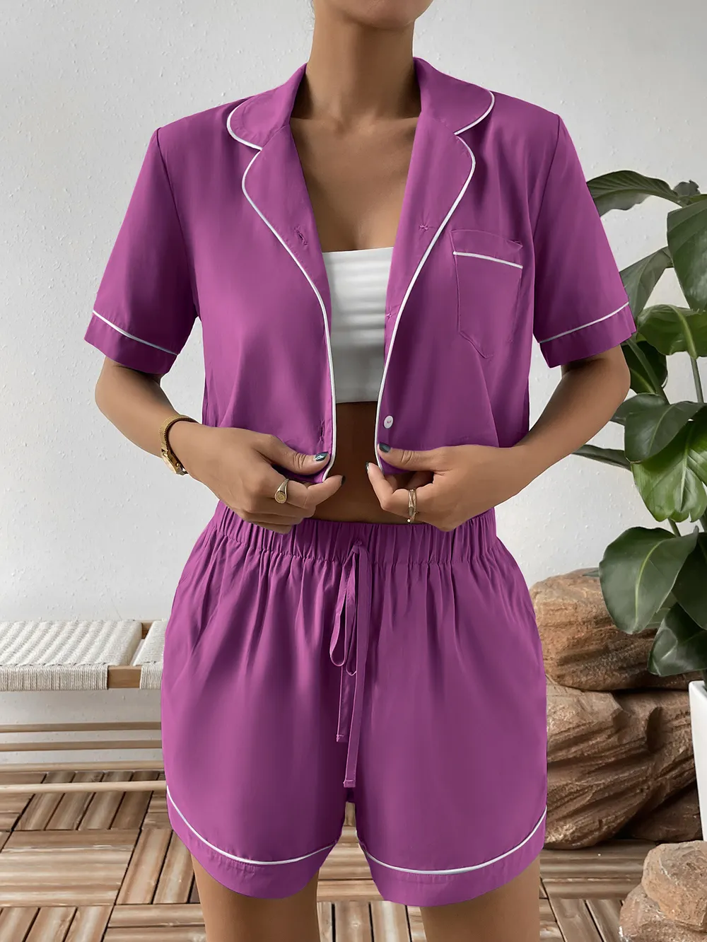 Contrast Lapel Collar Cropped Shirt and Shorts Lounge Set, image 6