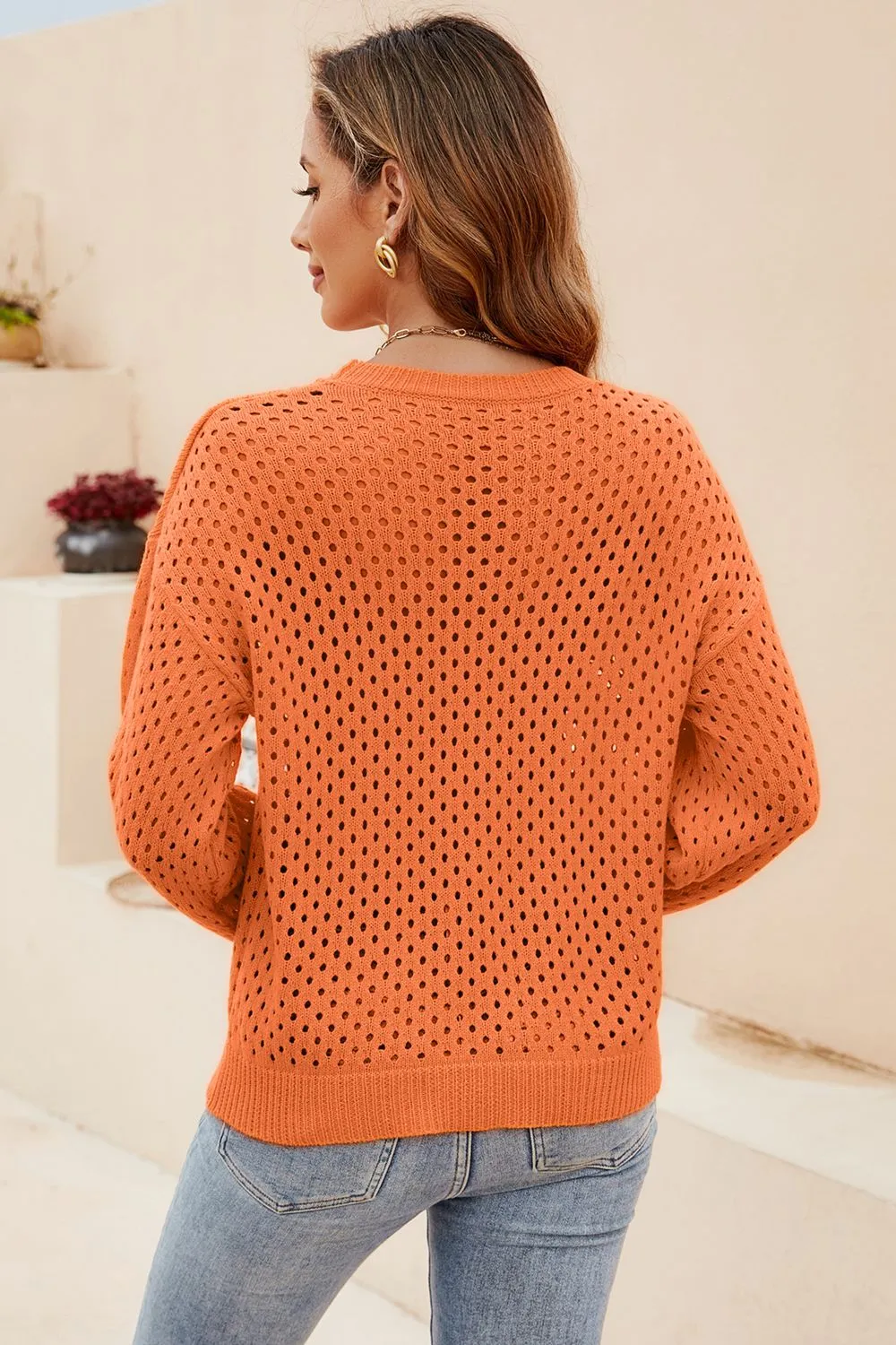 Round Neck Openwork Dropped Shoulder Knit Top, image 10