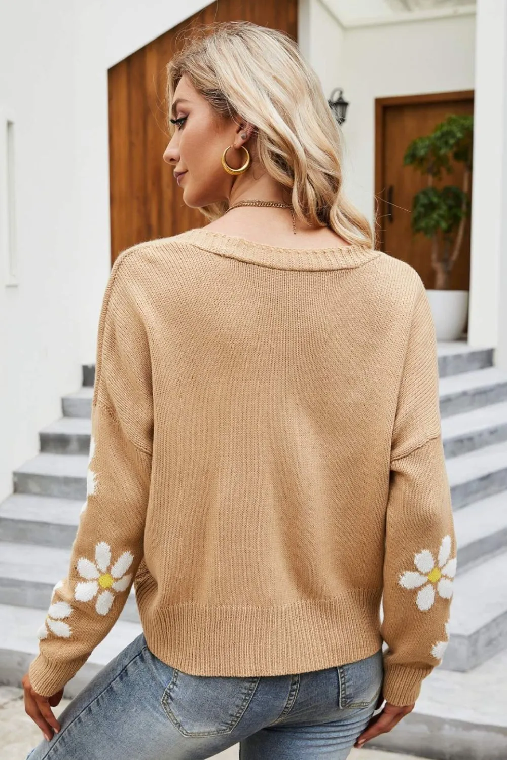 Floral Ribbed Trim Drop Shoulder Cardigan, image 11