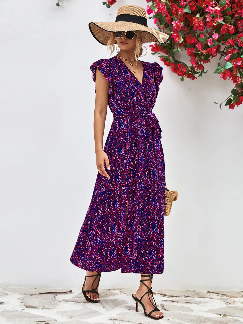 Printed Surplice Neck Flutter Sleeve Slit Dress, image 9