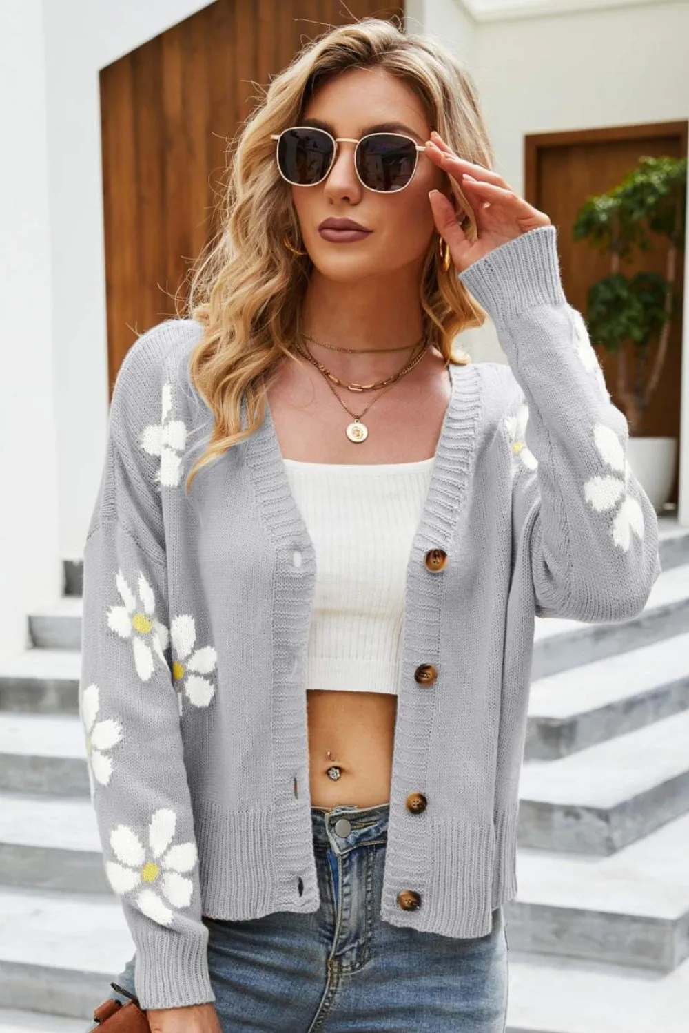 Floral Ribbed Trim Drop Shoulder Cardigan, image 12