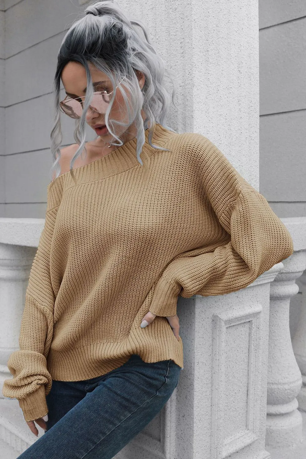 Off-Shoulder Ribbed Long Sleeve Pullover Sweater, image 7