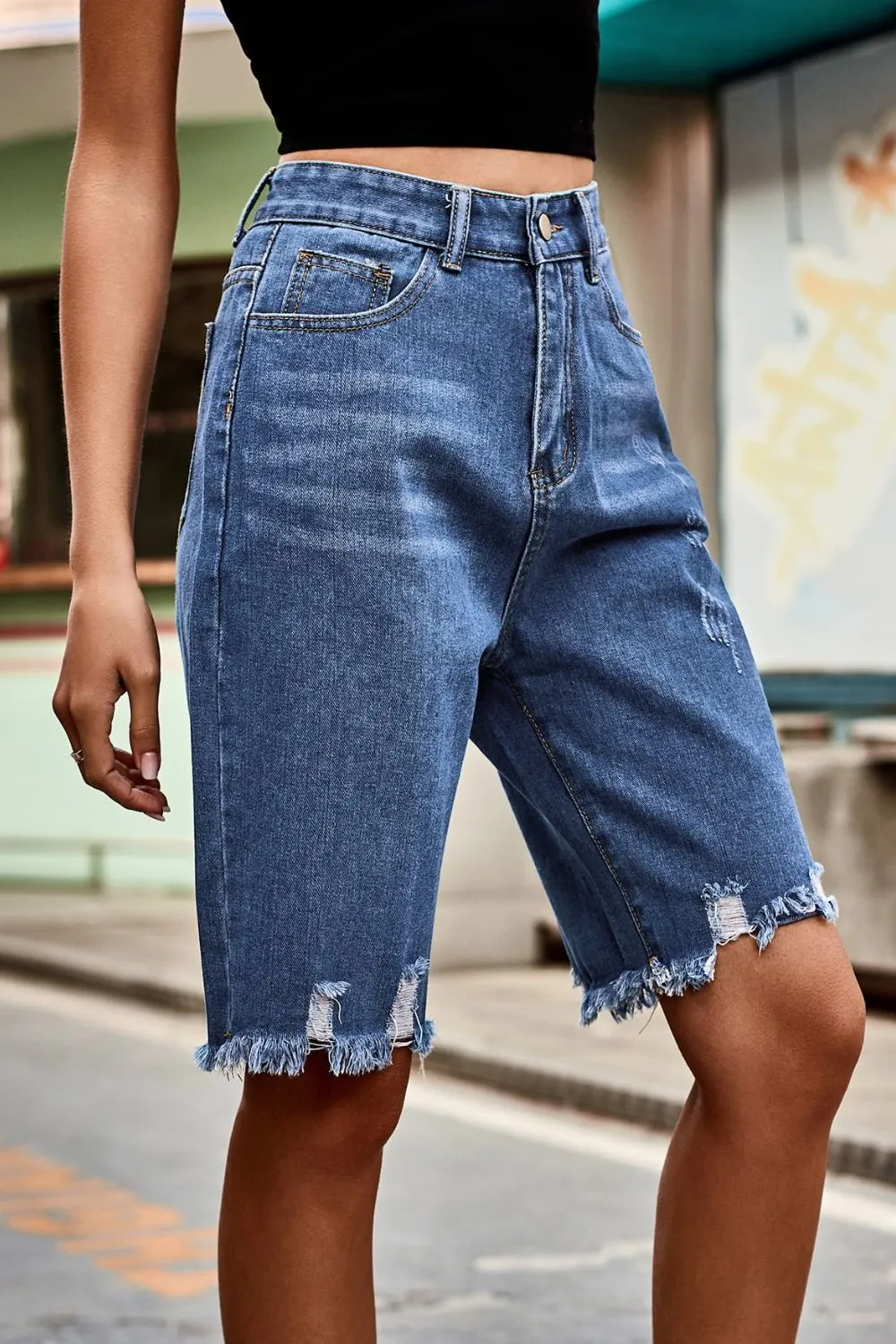 Raw Hem High Waist Denim Shorts with Pockets, image 5