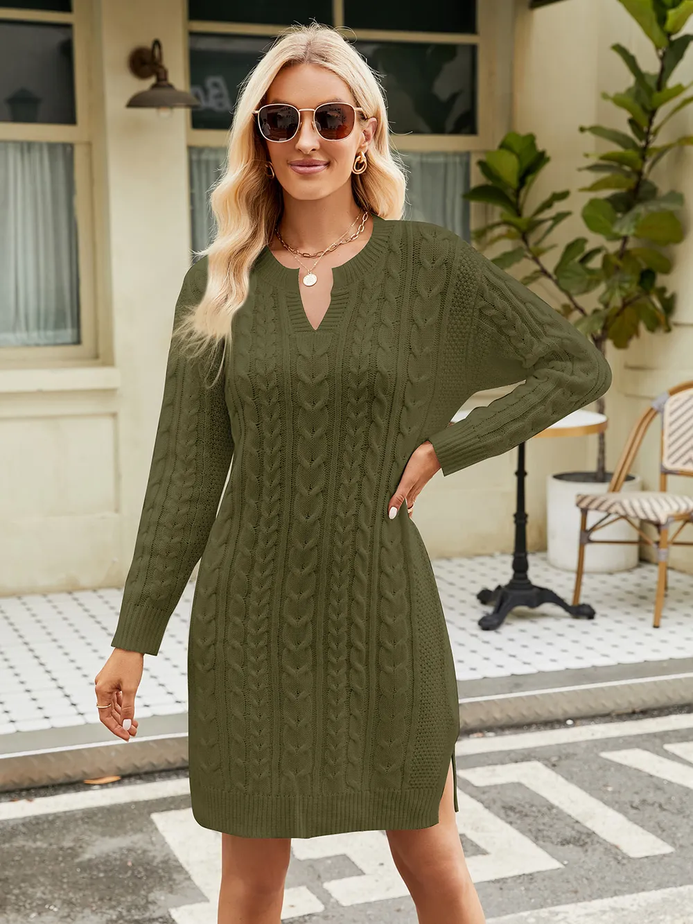 Notched Neck Cable-Knit Slit Sweater Dress, image 11