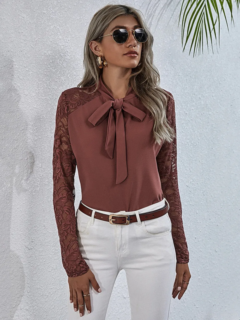 Tie Neck Spliced Lace Long Sleeve Top, image 8
