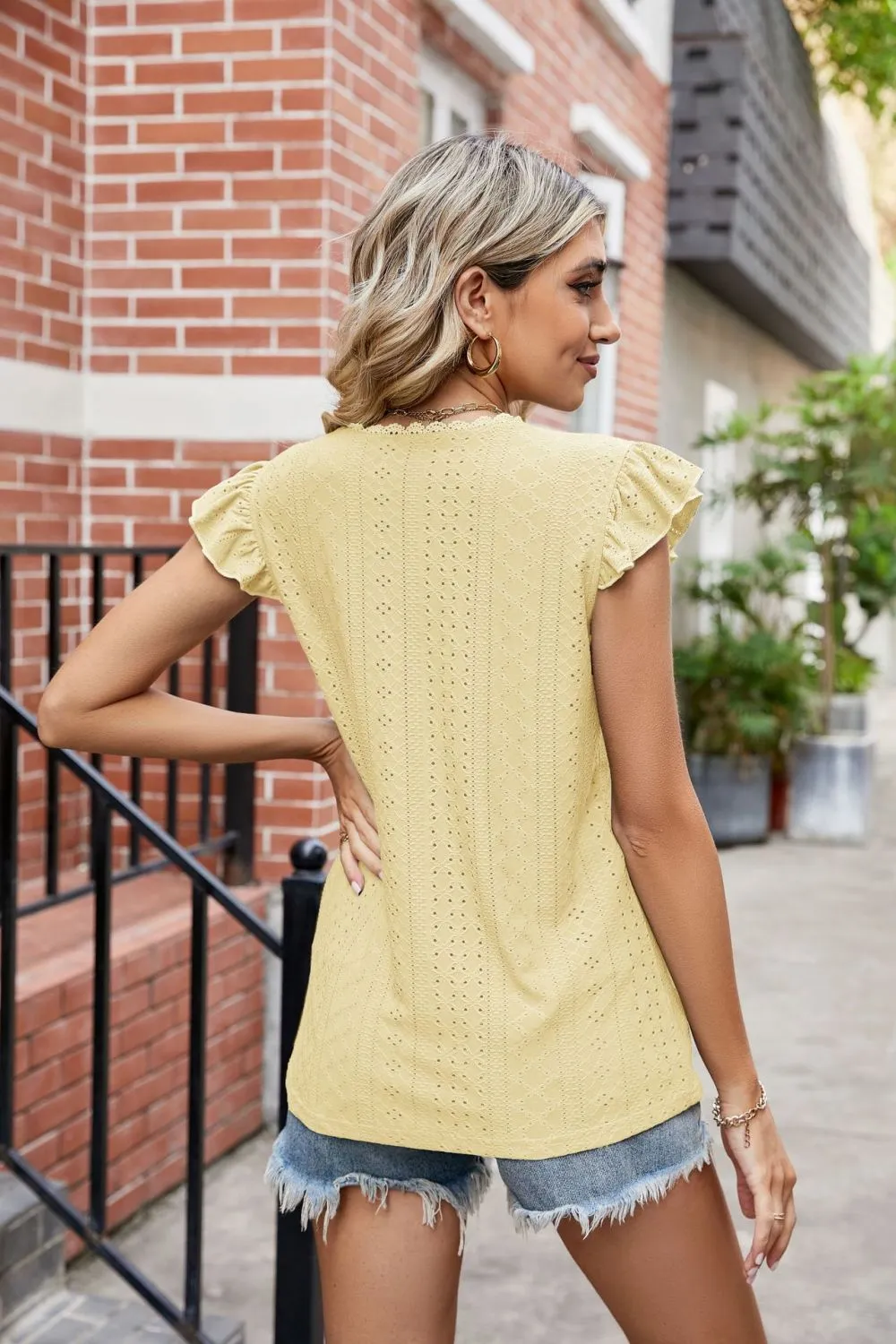 Eyelet Flutter Sleeve Scalloped V-Neck Top, image 14