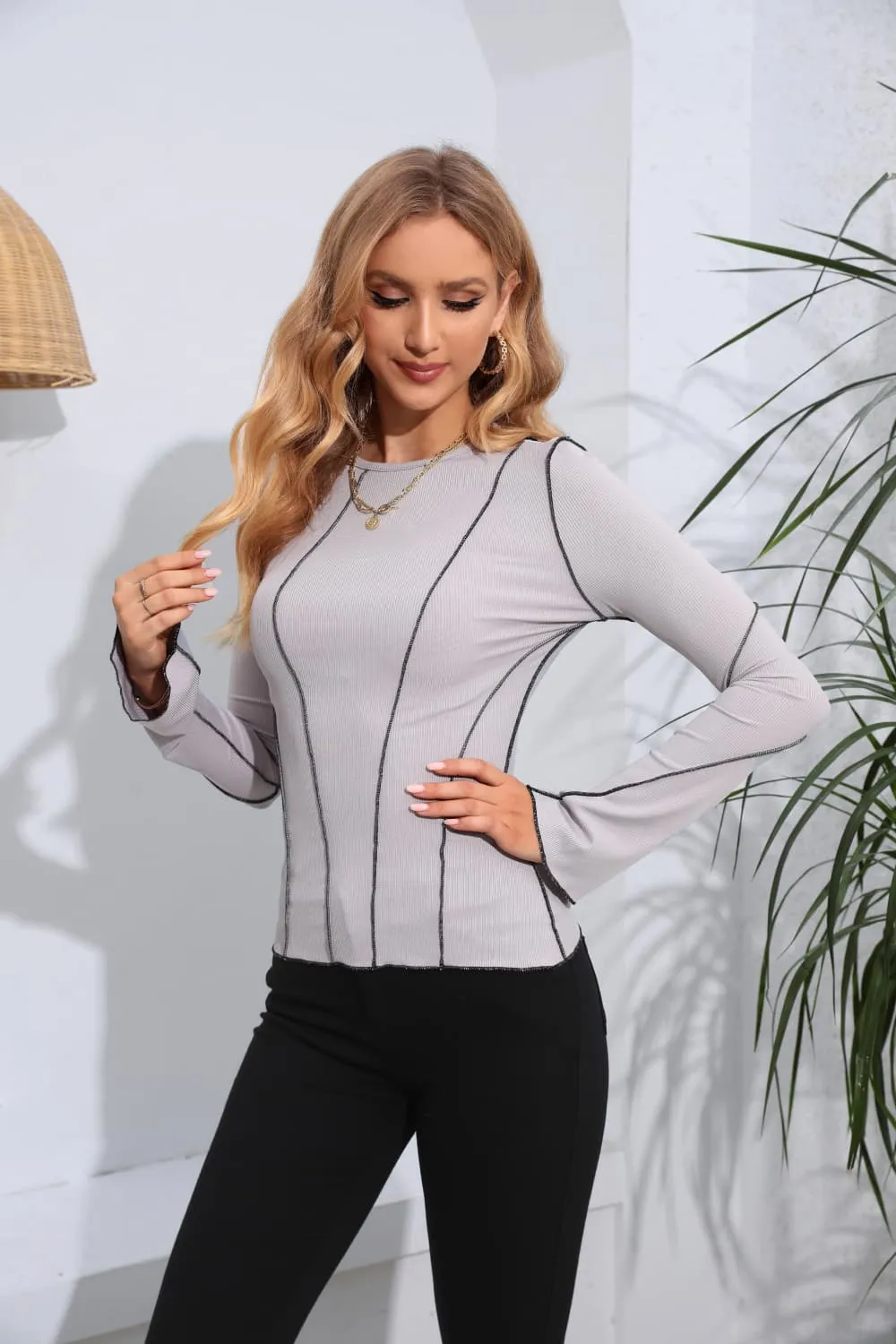 Ribbed Round Neck Long Sleeve Blouse, image 8