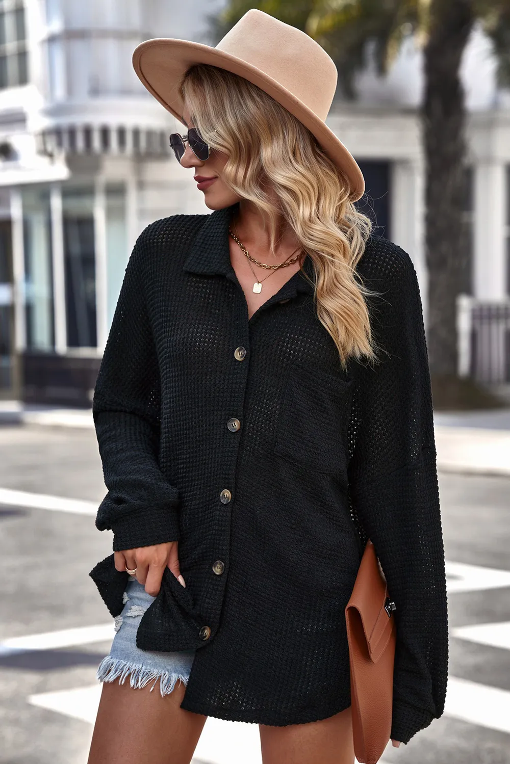 Waffle-Knit Collared Neck Dropped Shoulder Shirt, image 8