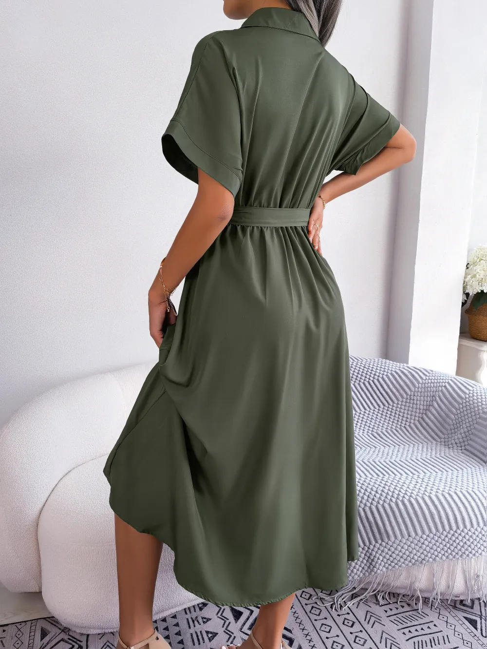 Short Sleeve Collared Tie Belt Dress, image 8