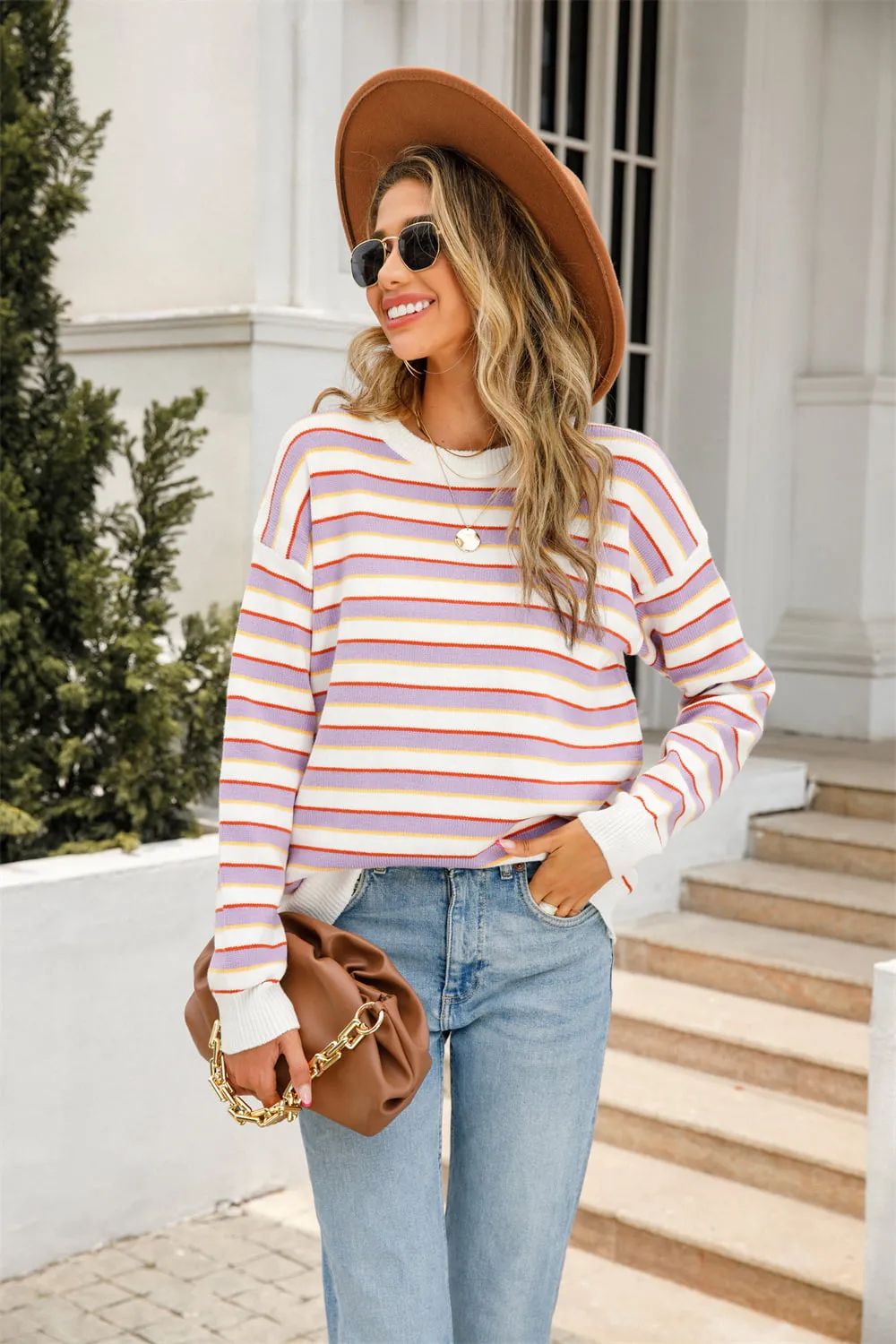 Striped Round Neck Dropped Shoulder Knit Top, image 4