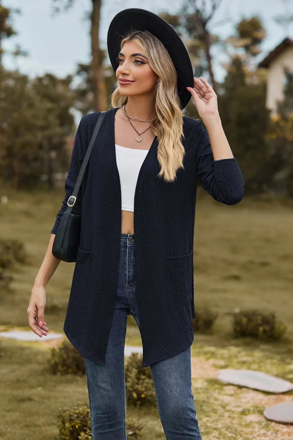 Cable-Knit Long Sleeve Cardigan with Pocket, image 7