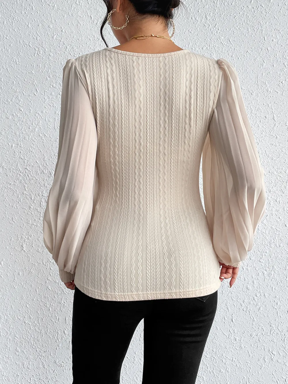 Pleated Puff Sleeve Round Neck Blouse, image 3