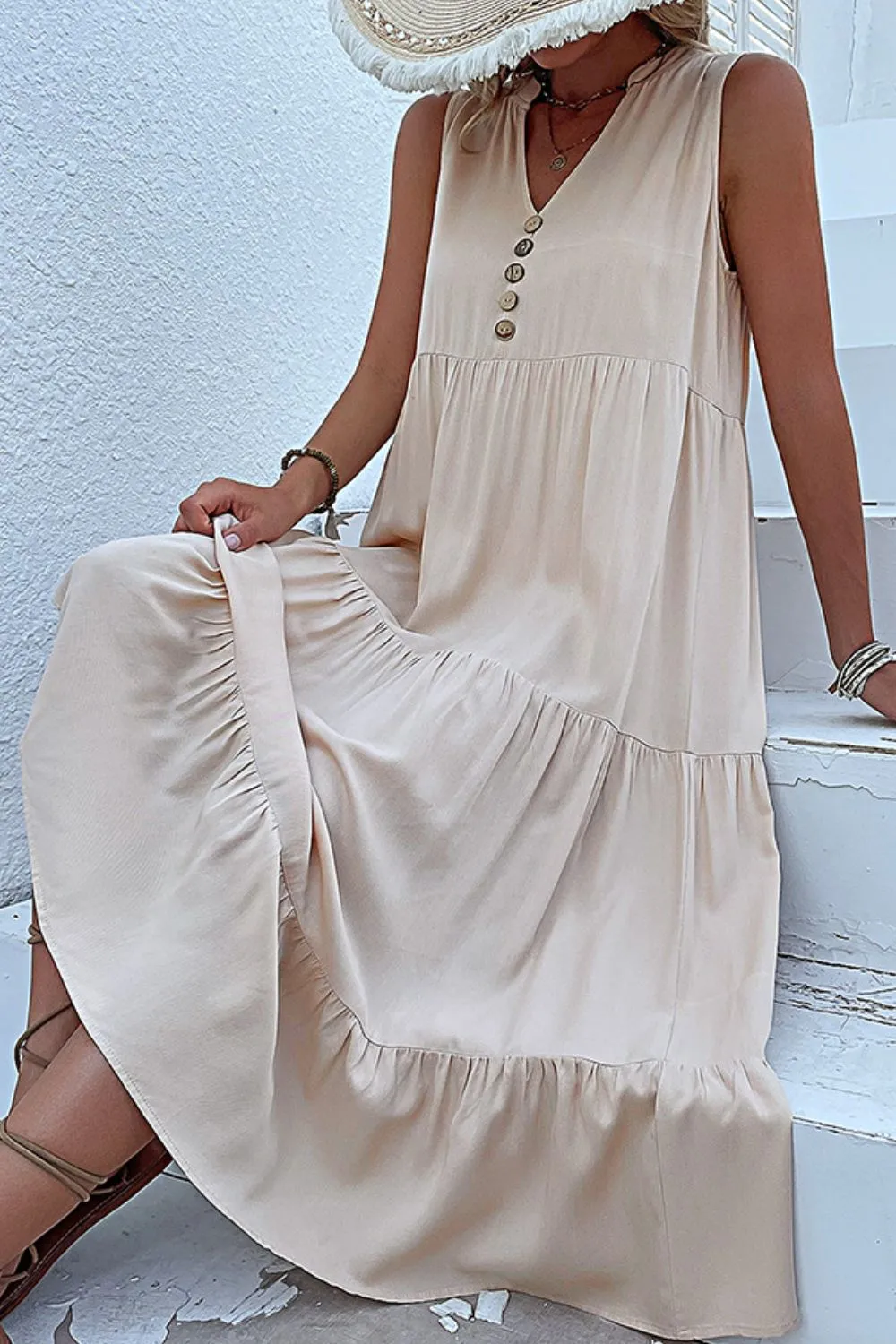 Decorative Button Sleeveless Tiered Dress, image 3