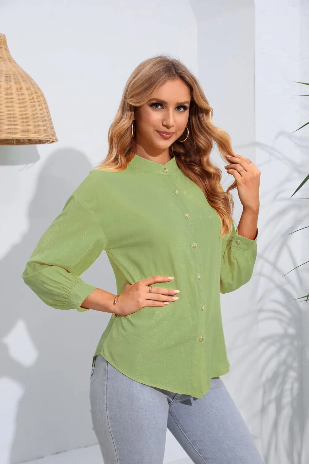 Mock Neck Buttoned Long Sleeve Shirt, image 7