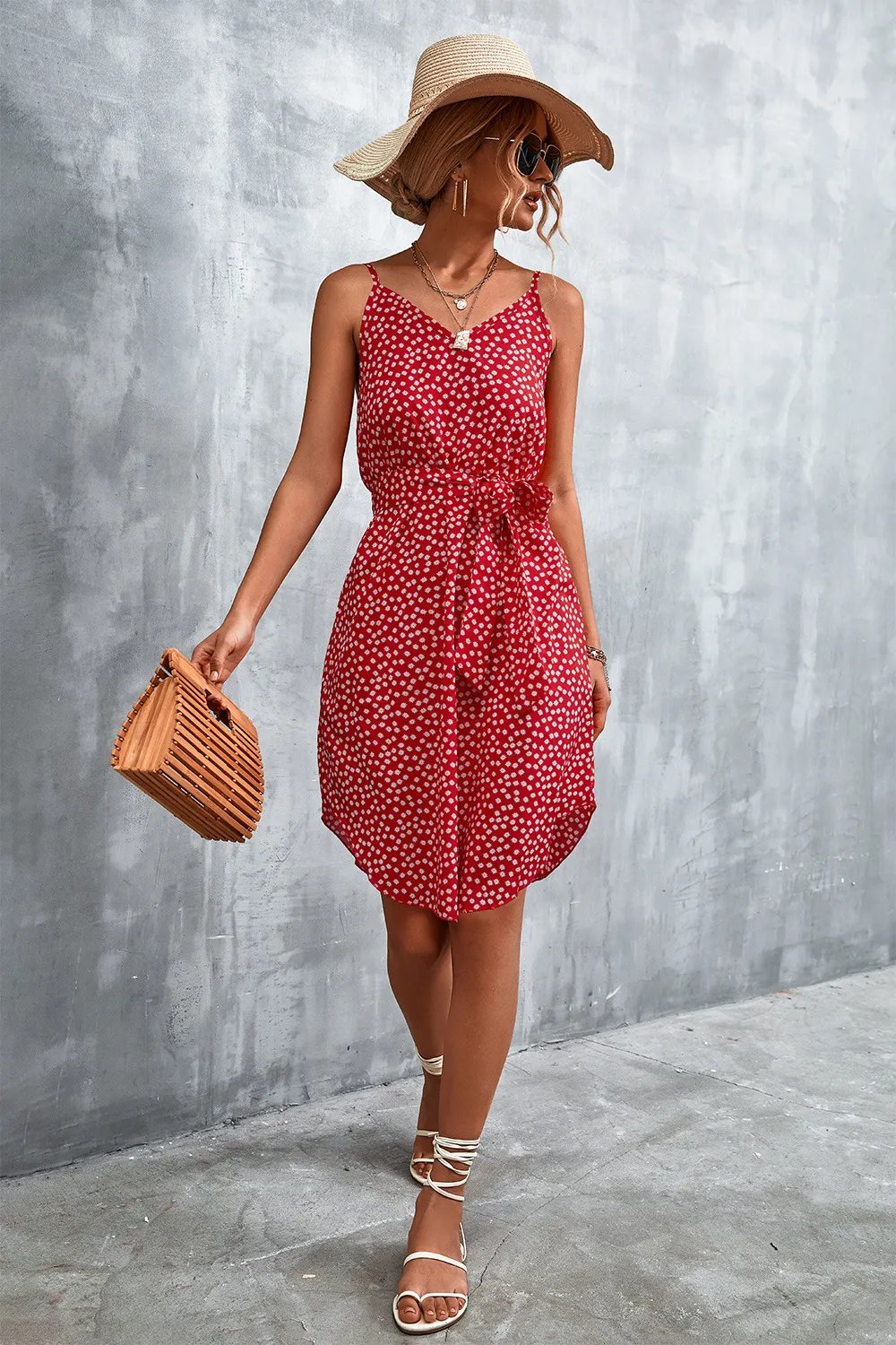 Printed V-Neck Tie Waist Mini Dress, image 12