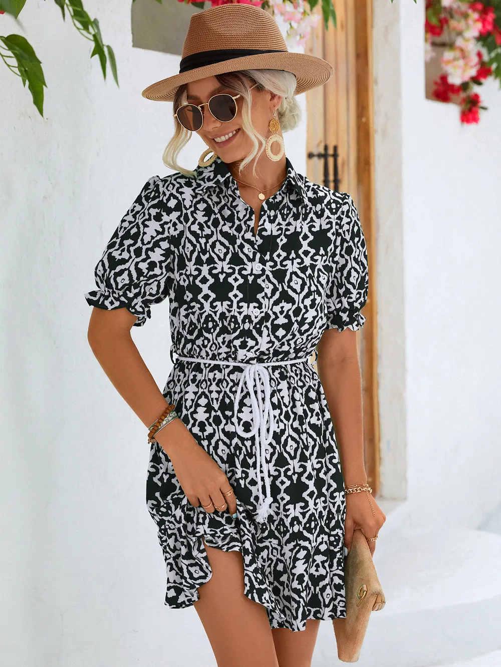 Printed Tie Waist Collared Flounce Sleeve Dress, image 4