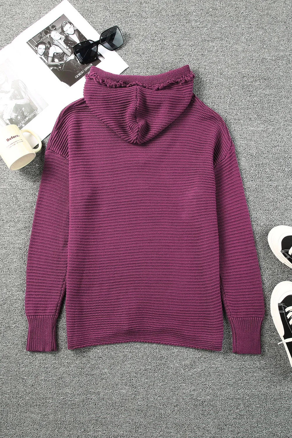 Horizontal Ribbing Fringe Trim Hooded Sweater, image 7