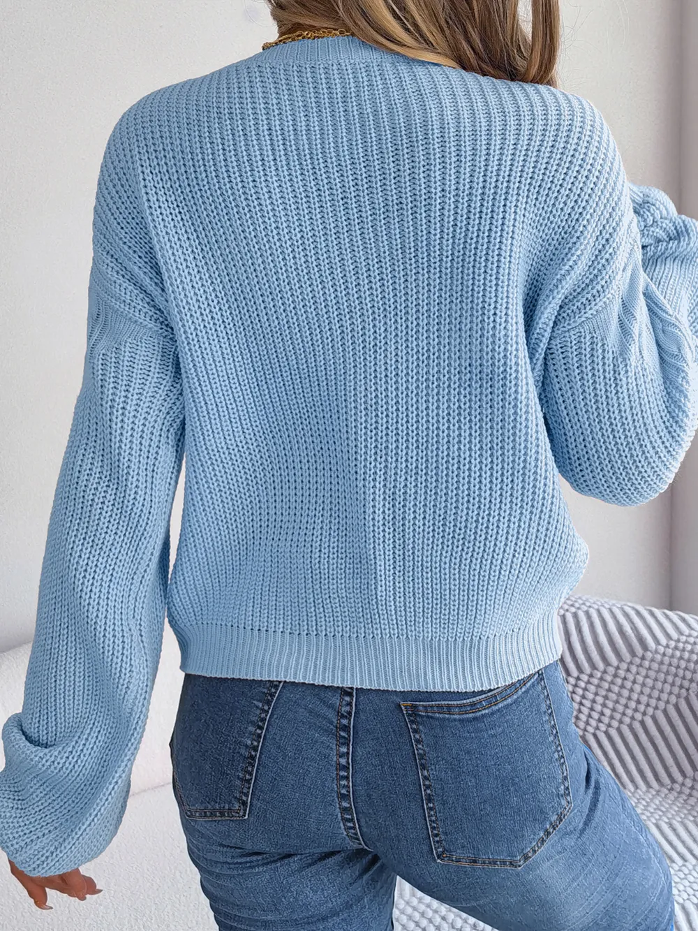 Cable-Knit Round Neck Drop Shoulder Sweater, image 2