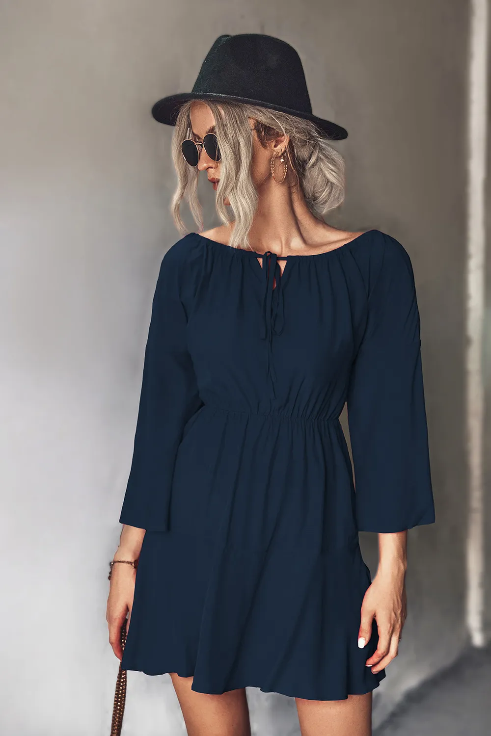 Tie Neck Flare Sleeve Mini Dress, image 7