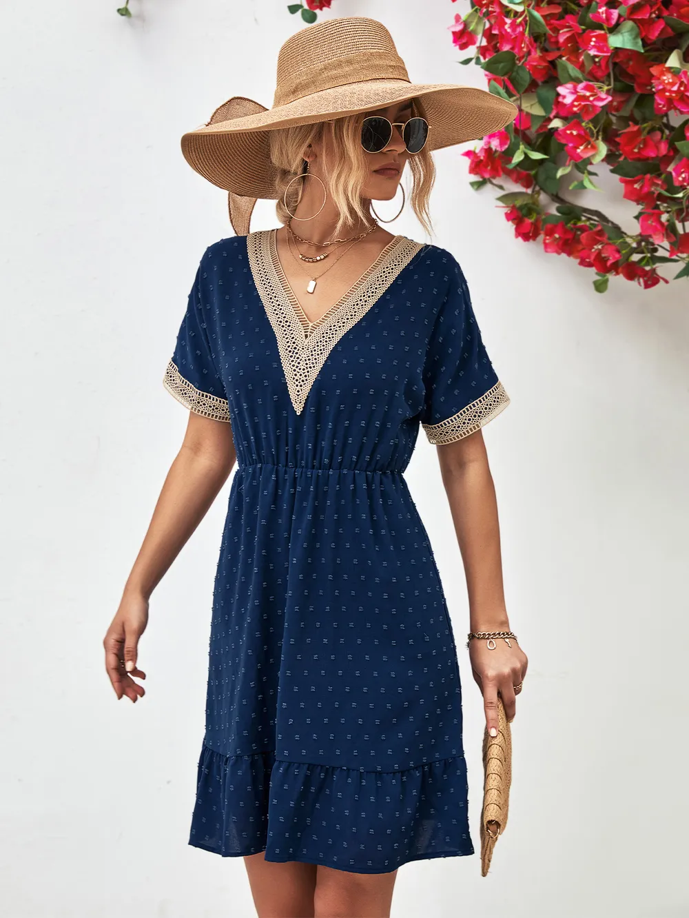 Contrast V-Neck Short Sleeve Mini Dress, image 5