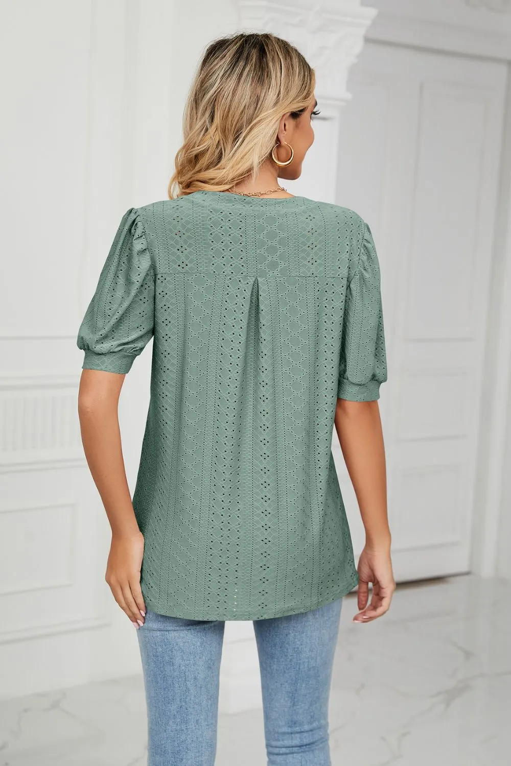 Eyelet Short Puff Sleeve Notched Neck Top, image 19