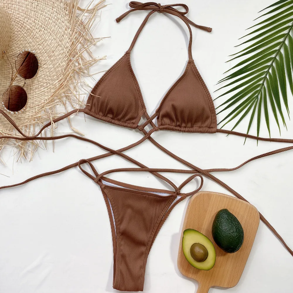 Halter Neck Crisscross Ribbed Bikini Set, image 10