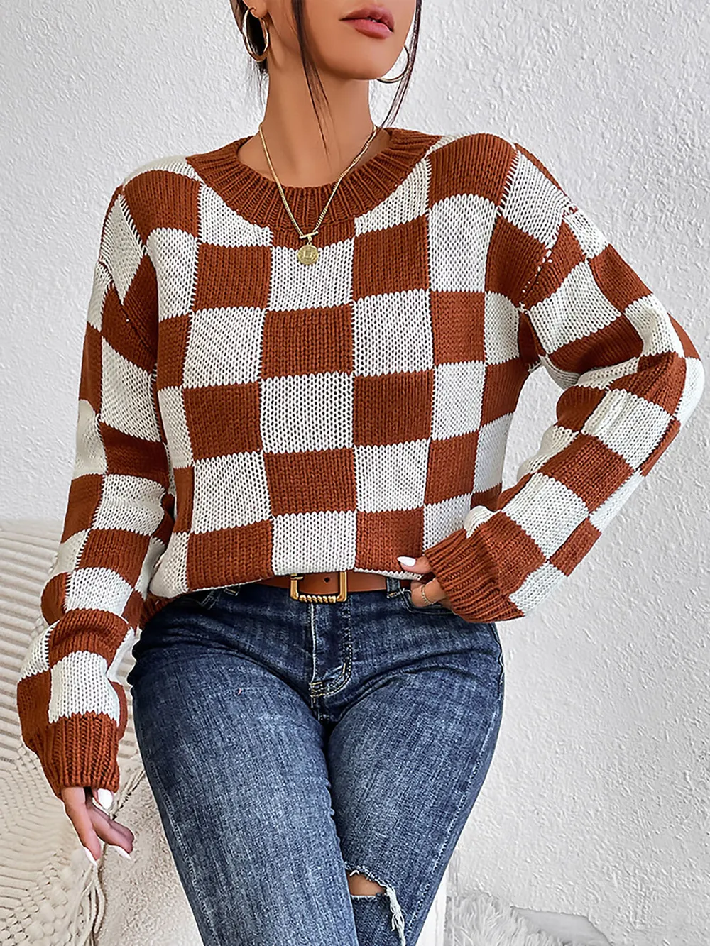 Checkered Round Neck Sweater, image 5