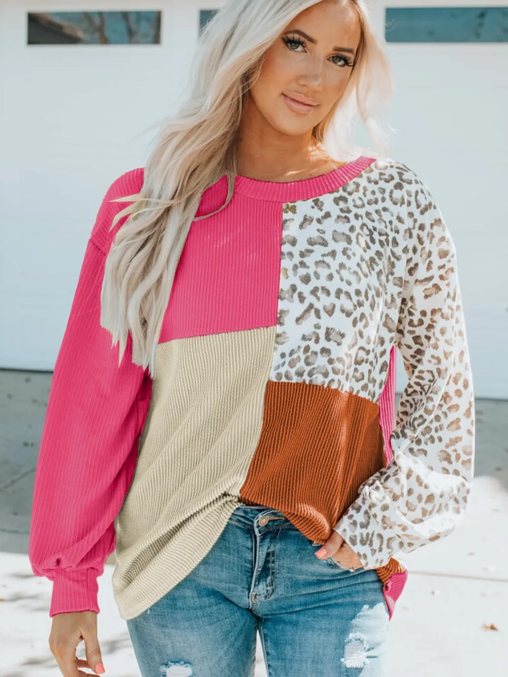 Color Block Leopard Round Neck Sweatshirt, image 8
