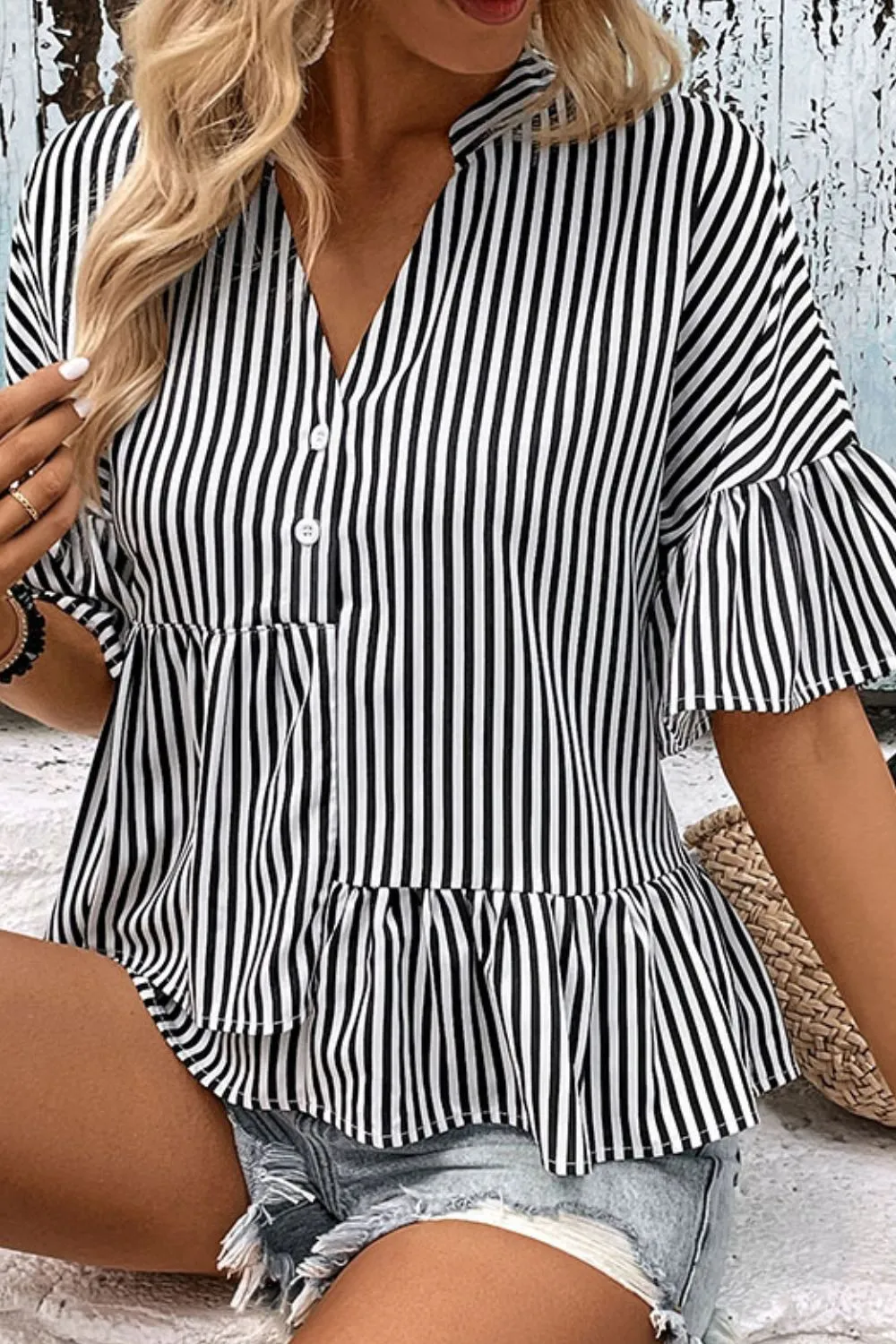 Striped Asymmetrical Flounce Sleeve Blouse, image 5