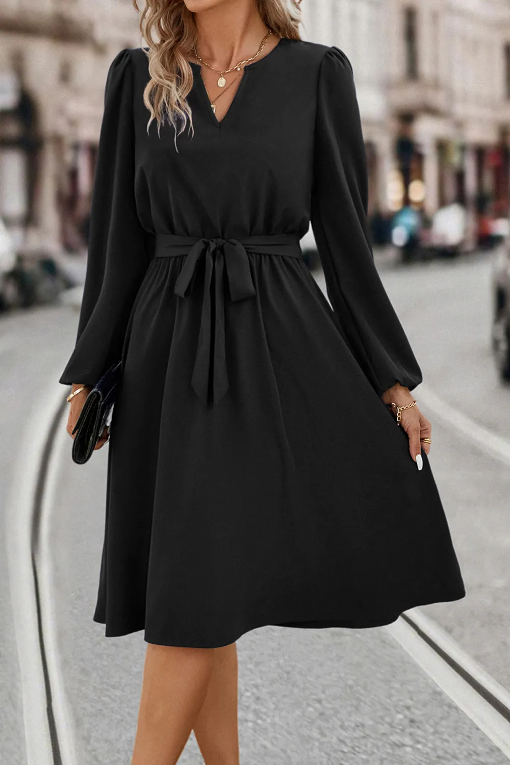Tie Waist Notched Neck Long Sleeve Dress, image 6