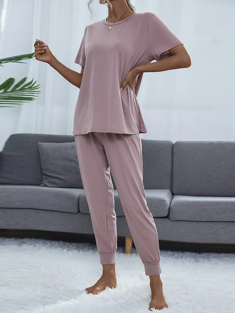 Round Neck Short Sleeve Top and Pants Set, image 15