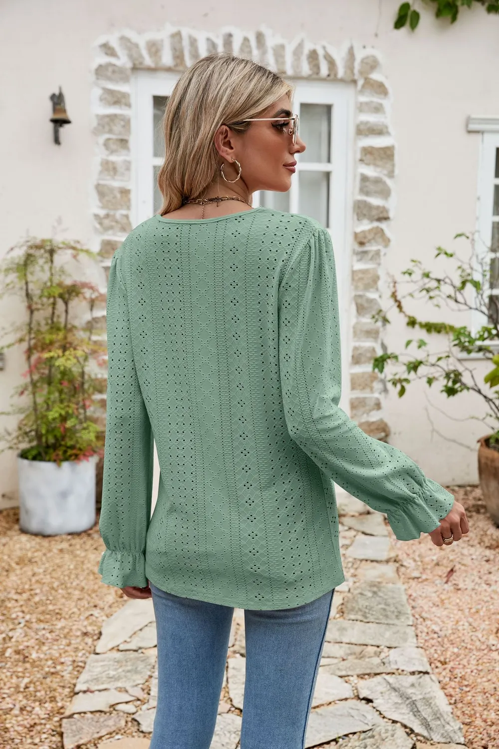 Eyelet Lace Trim Flounce Sleeve Blouse, image 15