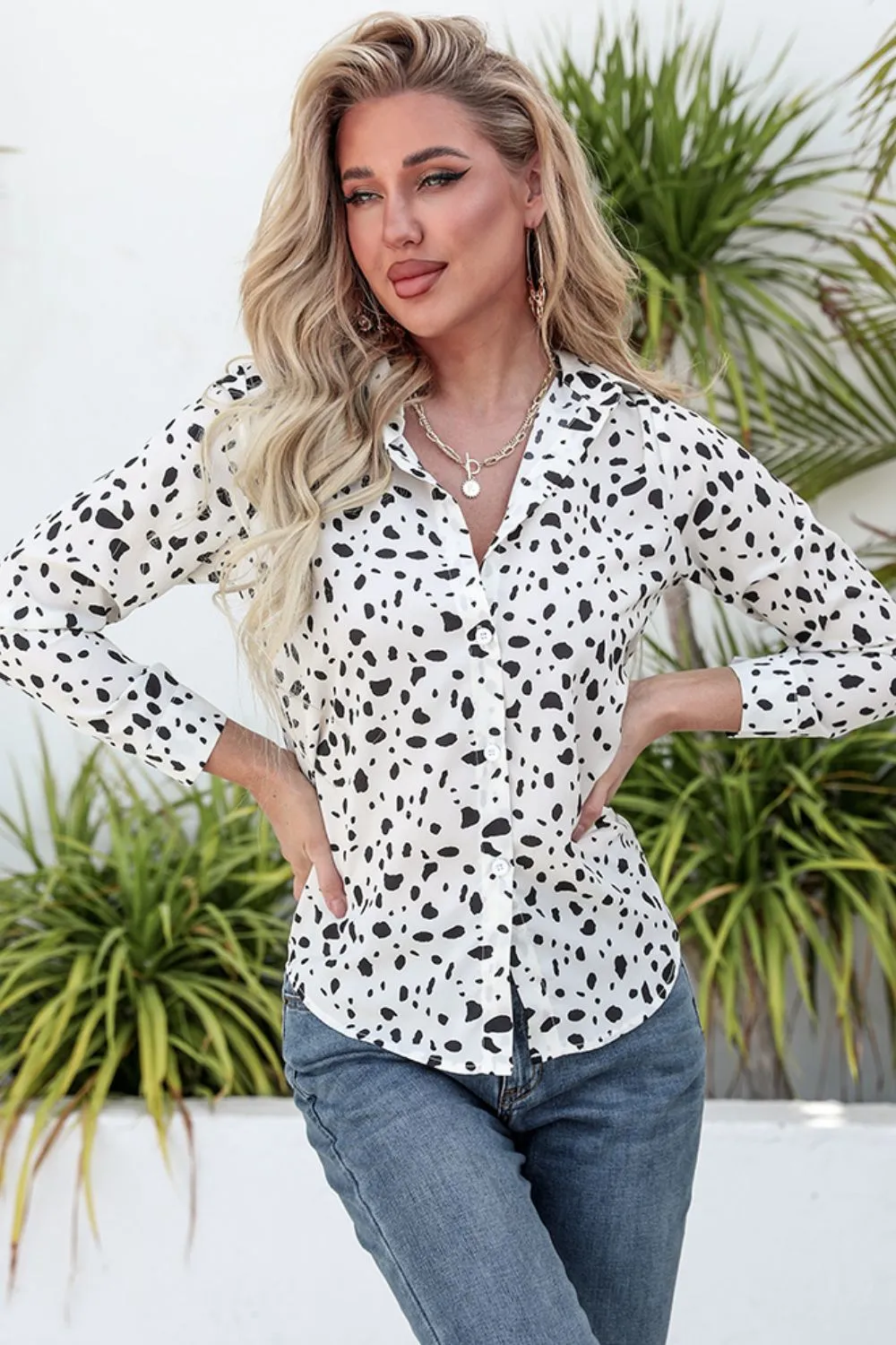 Animal Print Curved Hem Button-Up Shirt, image 2