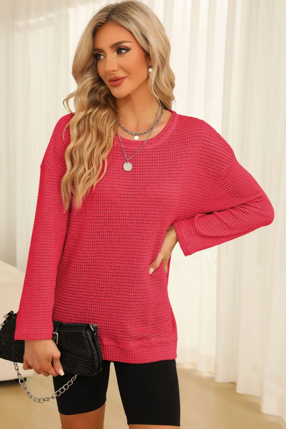 Waffle-Knit Round Neck Long Sleeve Sweatshirt, image 15