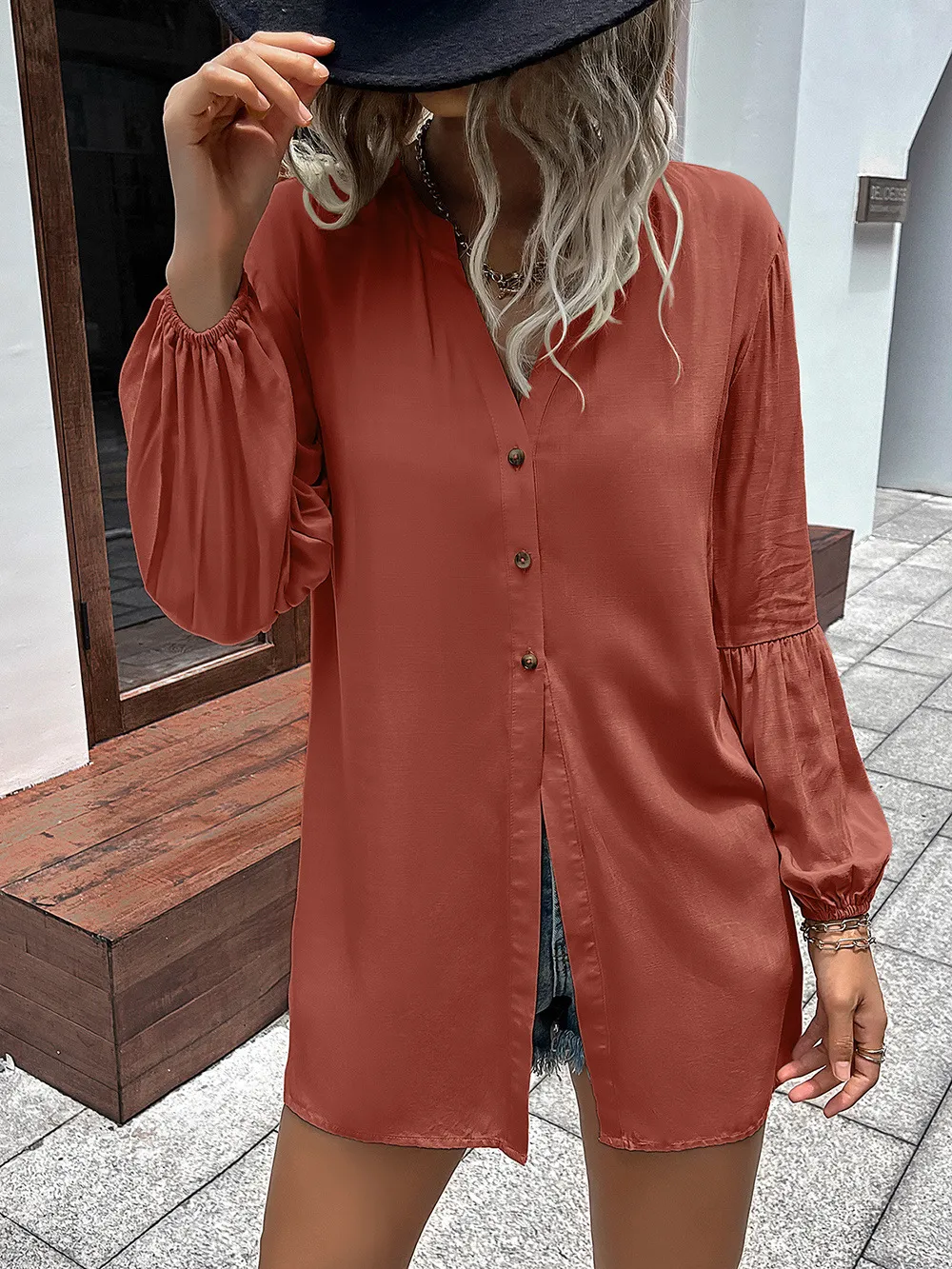 Notched Neck Balloon Sleeve Shirt, image 16