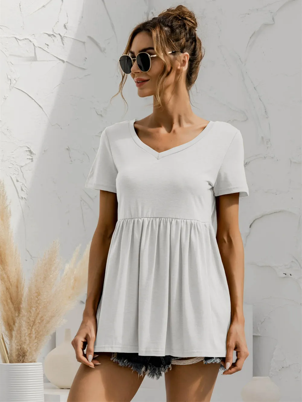 V-Neck Short Sleeve Babydoll Top, image 9